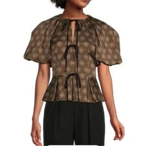 Antonio Melani x Courtney Grow Brown Patterned Puff-Sleeve Peplum Top